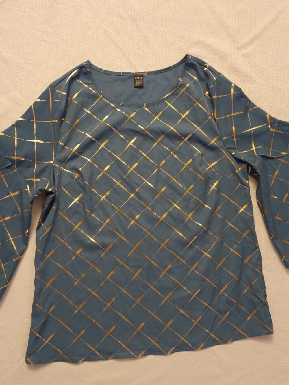 SHEIN Steel Blue Blouse with Gold Lattice (Size M)
